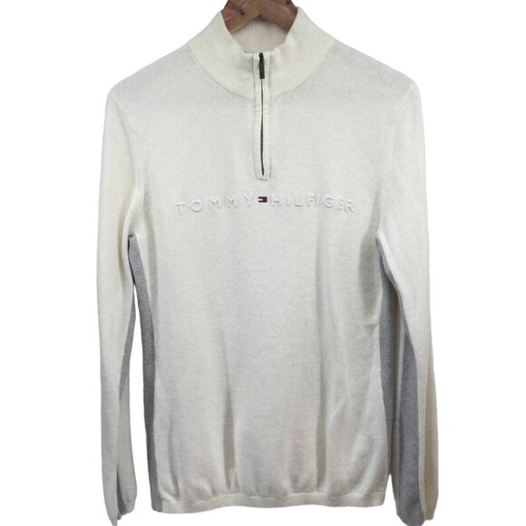 Tommy Hilfiger Cotton 1/4‎ Zip Pullover Sweater L Cream - Picture 1 of 5
